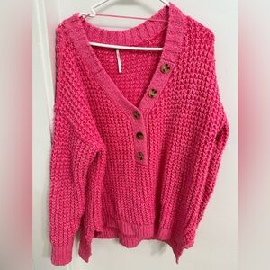 Free People Vibrant Pink V-Neck Sweater with Wooden Buttons